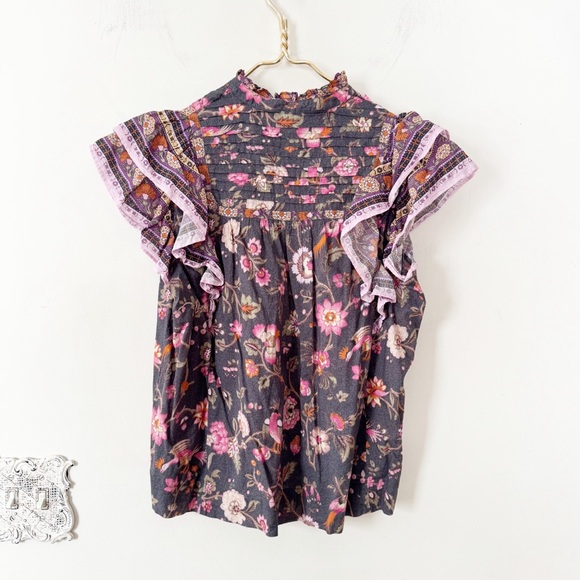 Sundance Marcleine Ruffle shoulder Blouse Gray and Pink Floral Bird Print M - Picture 6 of 9